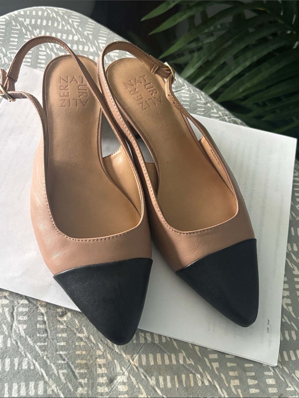 Naturalizer Two-Tone Pointed Slingback Flats - Tan and Black Leather 6.5